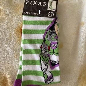 Disney Buzz Lightyear Green White Stripe Crew Socks with Purple Accents